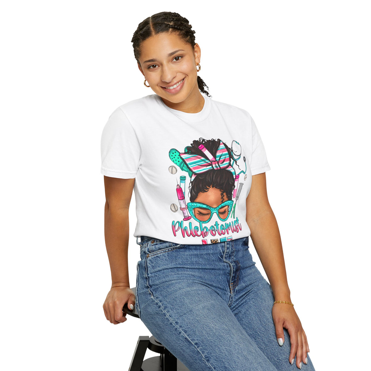 Phlebotomist Life, Messy Bun - Comfort Colors | Trendy Women's T-Shirt. Direct to Garment. Printed & Shipped in the USA. Unisex Sizes.