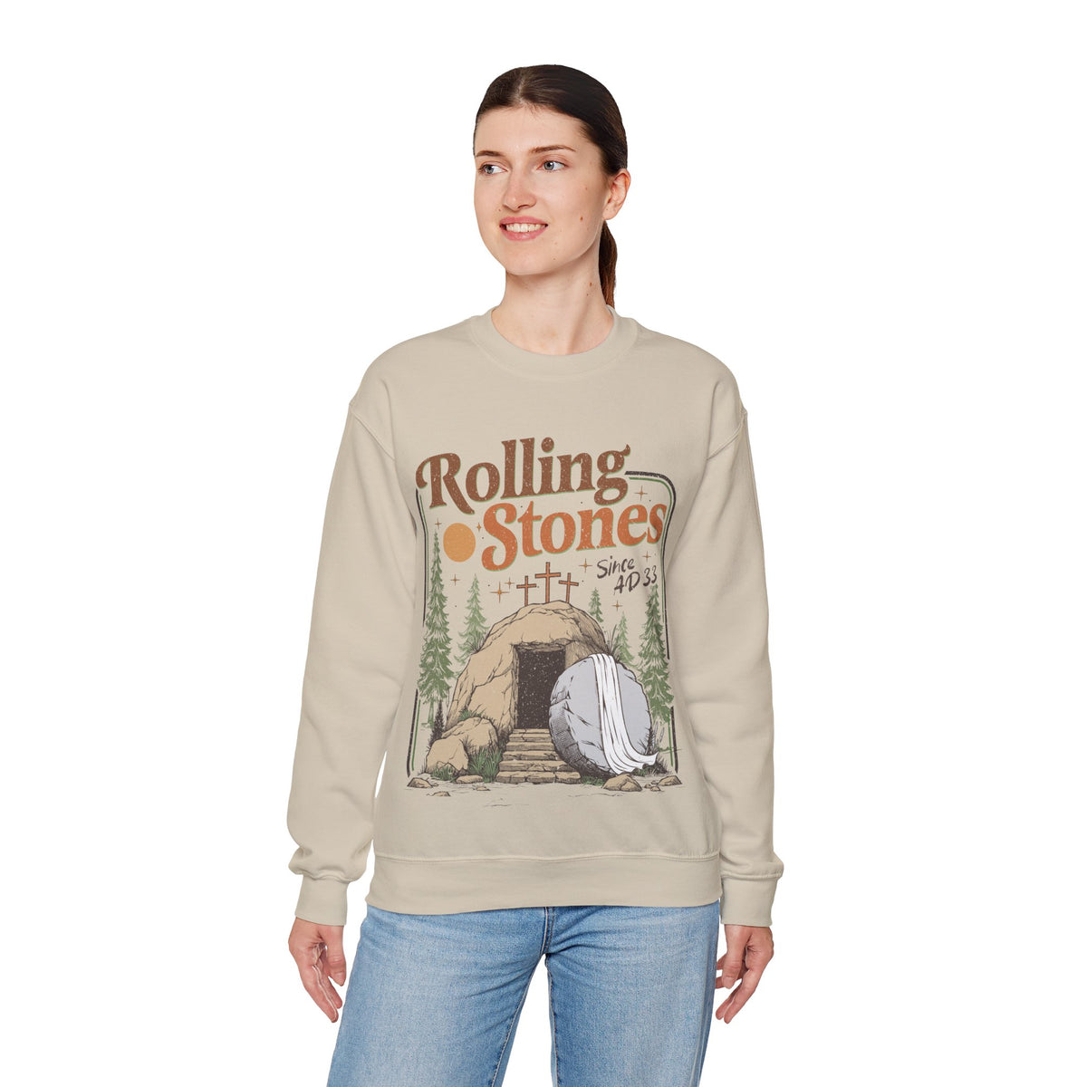 Rolling Stones "Since AD33" Easter Empty Tomb Christian – Gildan Heavy Blend | Trendy Men's and Women’s Soft Sweatshirt. Direct to Garment. Printed & Shipped in the USA. Unisex Sizes.