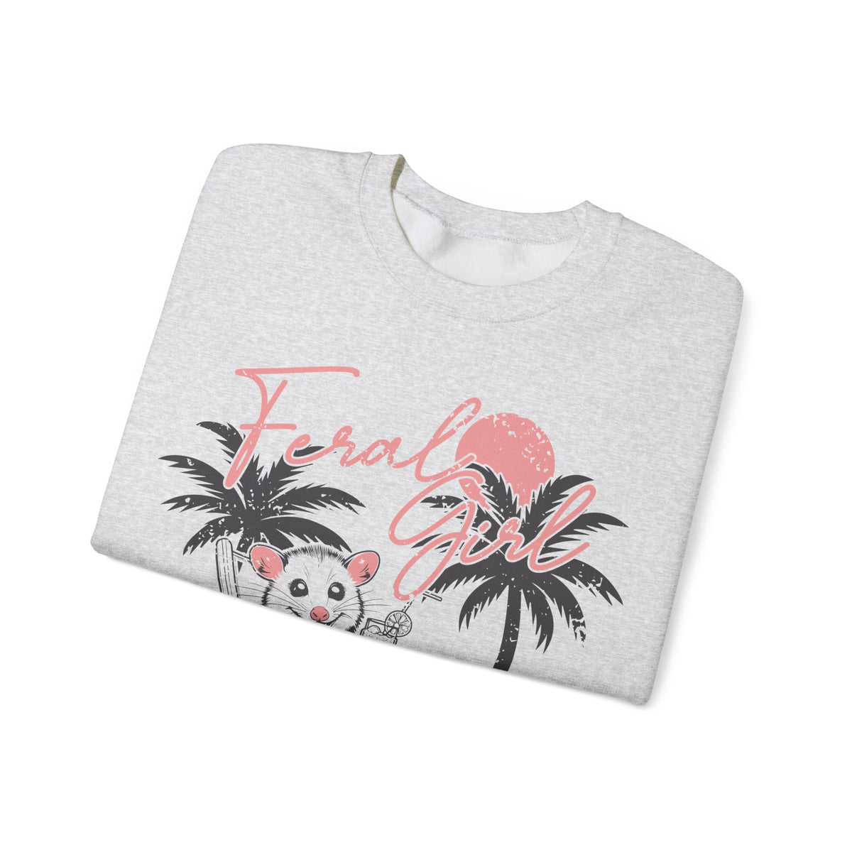 Feral Girl Summer, Possum on a Beach – Gildan Heavy Blend | Trendy Women’s Soft Sweatshirt. Direct to Garment. Printed & Shipped in the USA. Unisex Sizes.