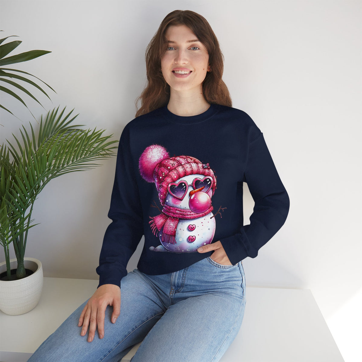 Pink Girly Snowman with Heart Sunglasses and Bubblegum Winter – Gildan Heavy Blend | Trendy Women’s Soft Sweatshirt. Direct to Garment. Printed & Shipped in the USA. Unisex Sizes.