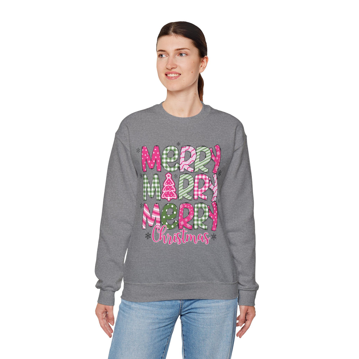 Merry Merry Merry Christmas Festive Candy Cane - Pink and Green – Gildan Heavy Blend | Trendy Women’s Soft Sweatshirt. Direct to Garment. Printed & Shipped in the USA. Unisex Sizes.