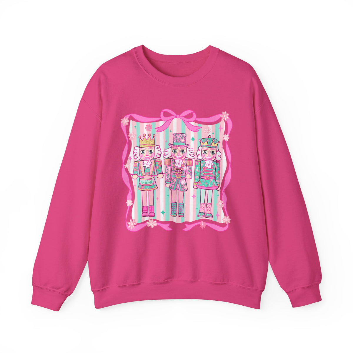 Coquette Pastel Christmas Nutcracker Trio Pink and Green – Gildan Heavy Blend | Trendy Women’s Soft Sweatshirt. Direct to Garment. Printed & Shipped in the USA. Unisex Sizes.