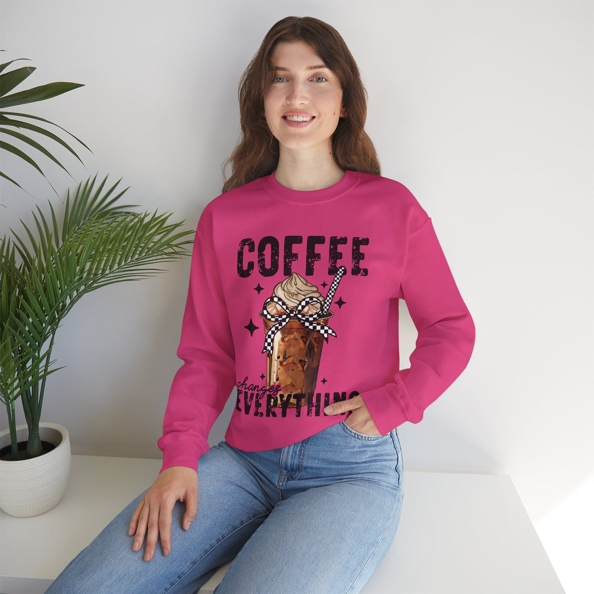 Coffee Changes Everything, Iced Coffee, Coffee Lovers – Gildan Heavy Blend | Trendy Women’s Soft Sweatshirt. Direct to Garment. Printed & Shipped in the USA. Unisex Sizes.