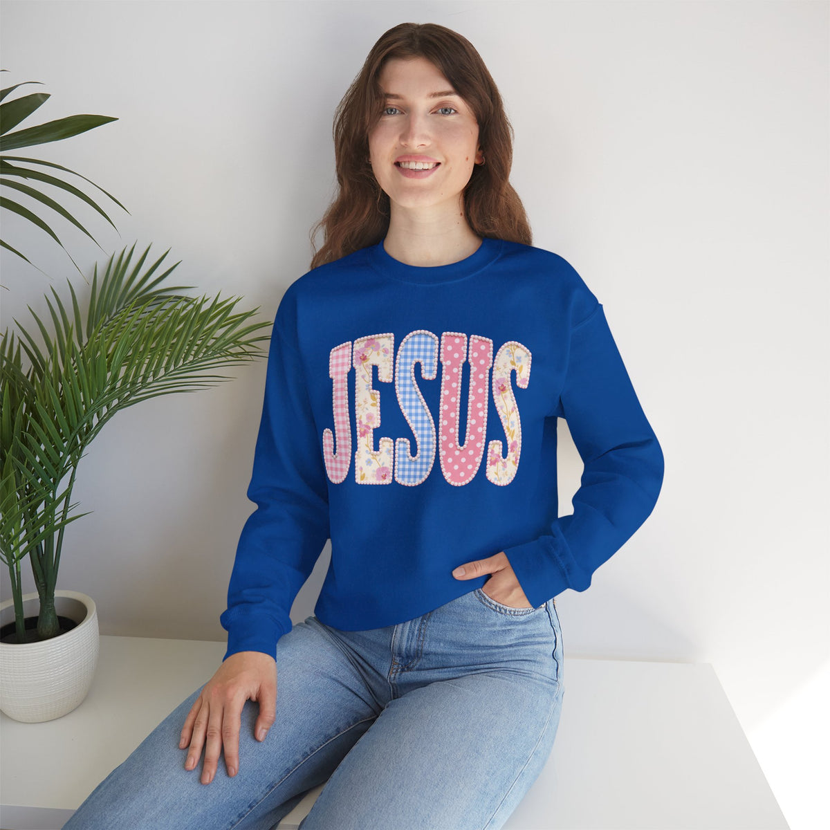 JESUS Pastel Faux Patchwork – Gildan Heavy Blend | Trendy Women’s Soft Sweatshirt. Direct to Garment. Printed & Shipped in the USA. Unisex Sizes.