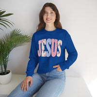 JESUS Pastel Faux Patchwork – Gildan Heavy Blend | Trendy Women’s Soft Sweatshirt. Direct to Garment. Printed & Shipped in the USA. Unisex Sizes.