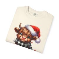 Cute Highland Cow Santa Hat Scarf Christmas Lights - Comfort Colors | Trendy Unisex T-Shirt. Direct to Garment. Printed & Shipped in the USA. Unisex Sizes.