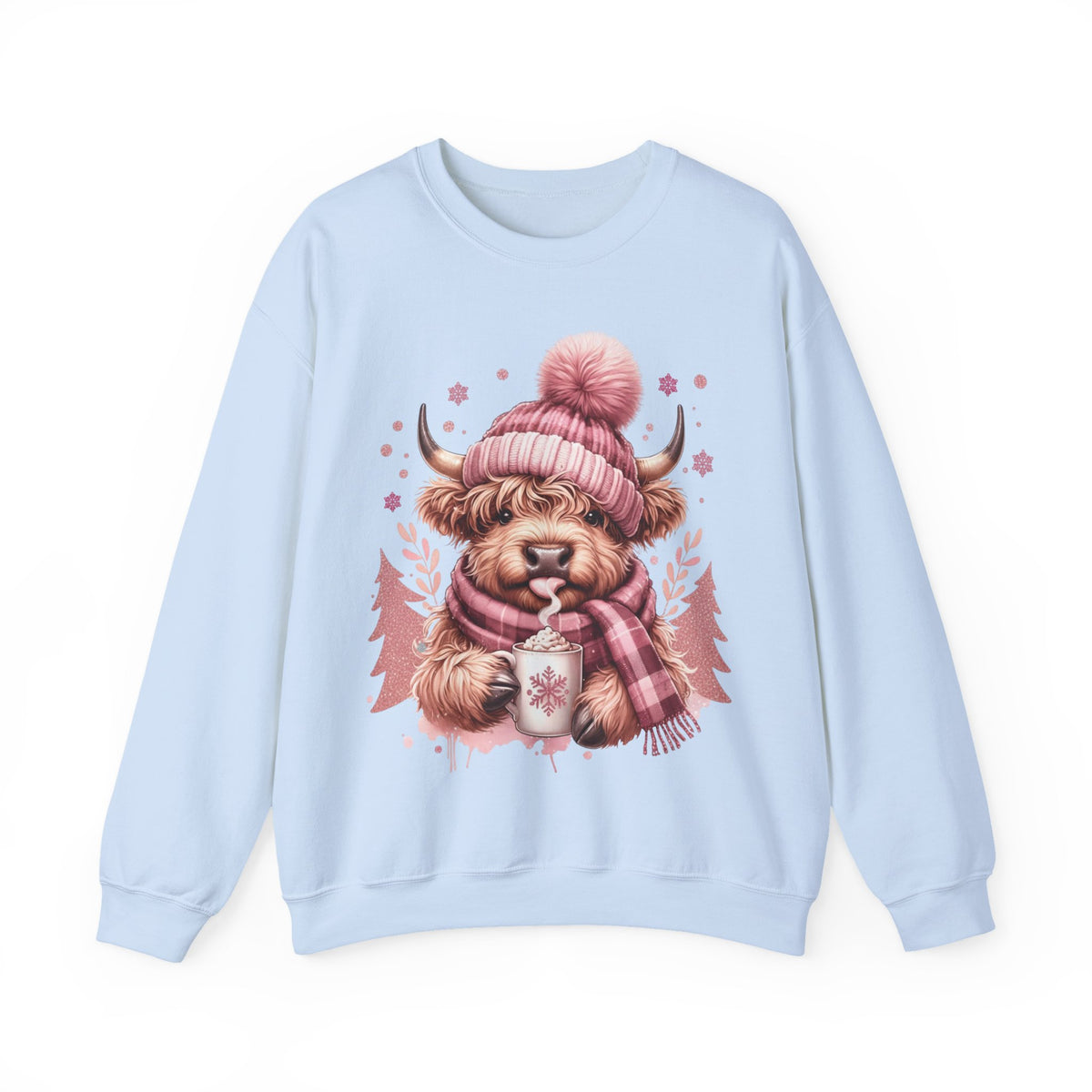 Cozy Highland Cow, Winter Coffee Mug & Scarf Pink – Gildan Heavy Blend | Trendy Women’s Soft Sweatshirt. Direct to Garment. Printed & Shipped in the USA. Unisex Sizes.