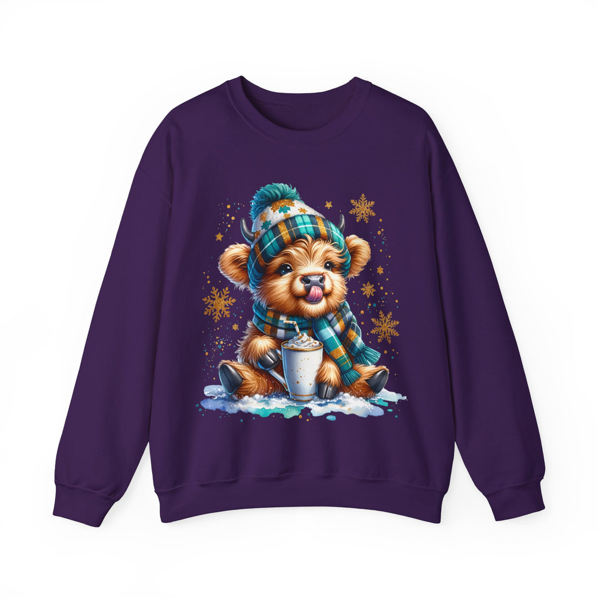 Winter Baby Highland Cow with Cocoa – Gildan Heavy Blend | Trendy Women’s Soft Sweatshirt. Direct to Garment. Printed & Shipped in the USA. Unisex Sizes.