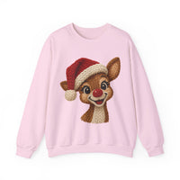 Cute Rudolph Faux Knit Look Reindeer w/Santa Hat – Gildan Heavy Blend | Trendy Women’s Soft Sweatshirt. Direct to Garment. Printed & Shipped in the USA. Unisex Sizes.