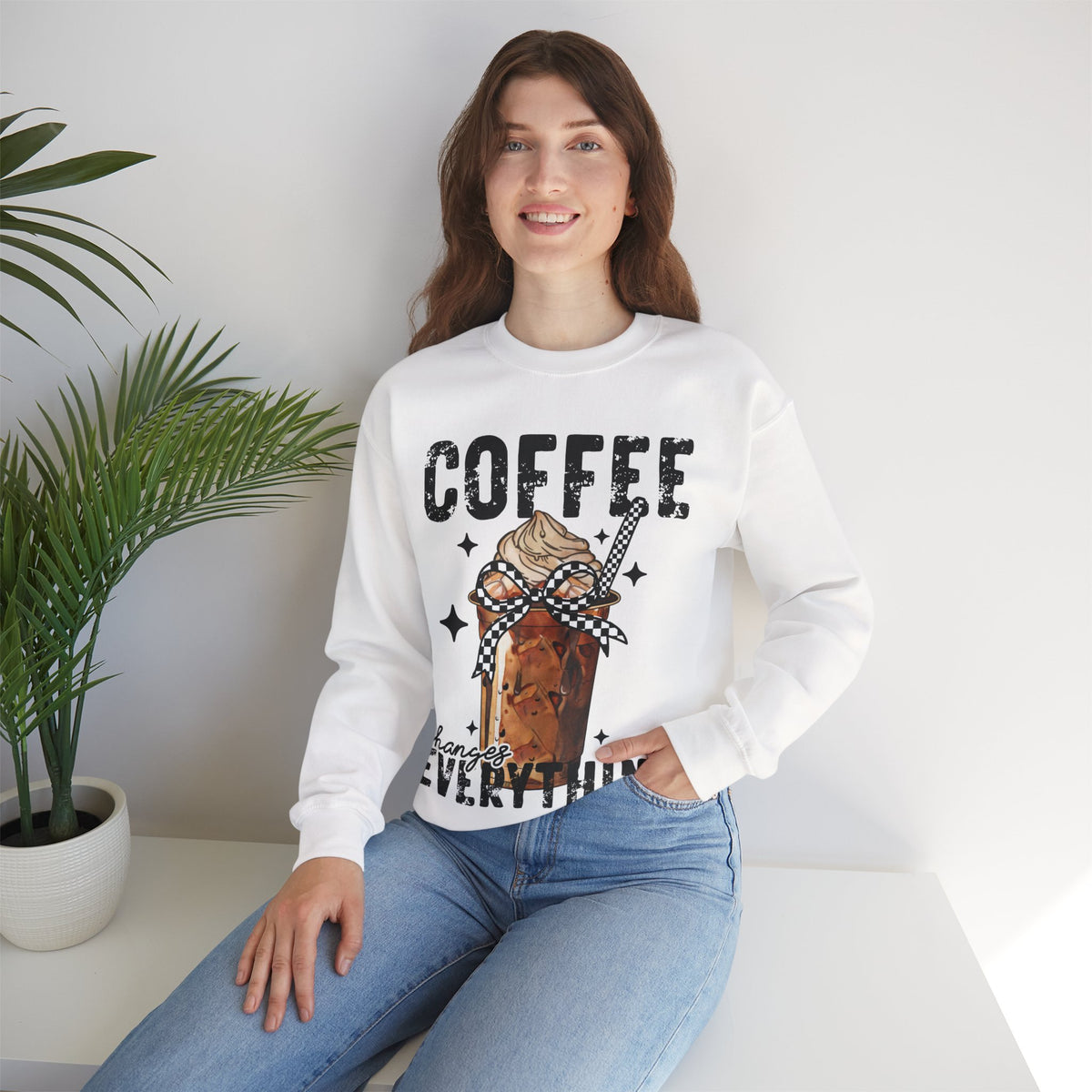 Coffee Changes Everything, Iced Coffee, Coffee Lovers – Gildan Heavy Blend | Trendy Women’s Soft Sweatshirt. Direct to Garment. Printed & Shipped in the USA. Unisex Sizes.