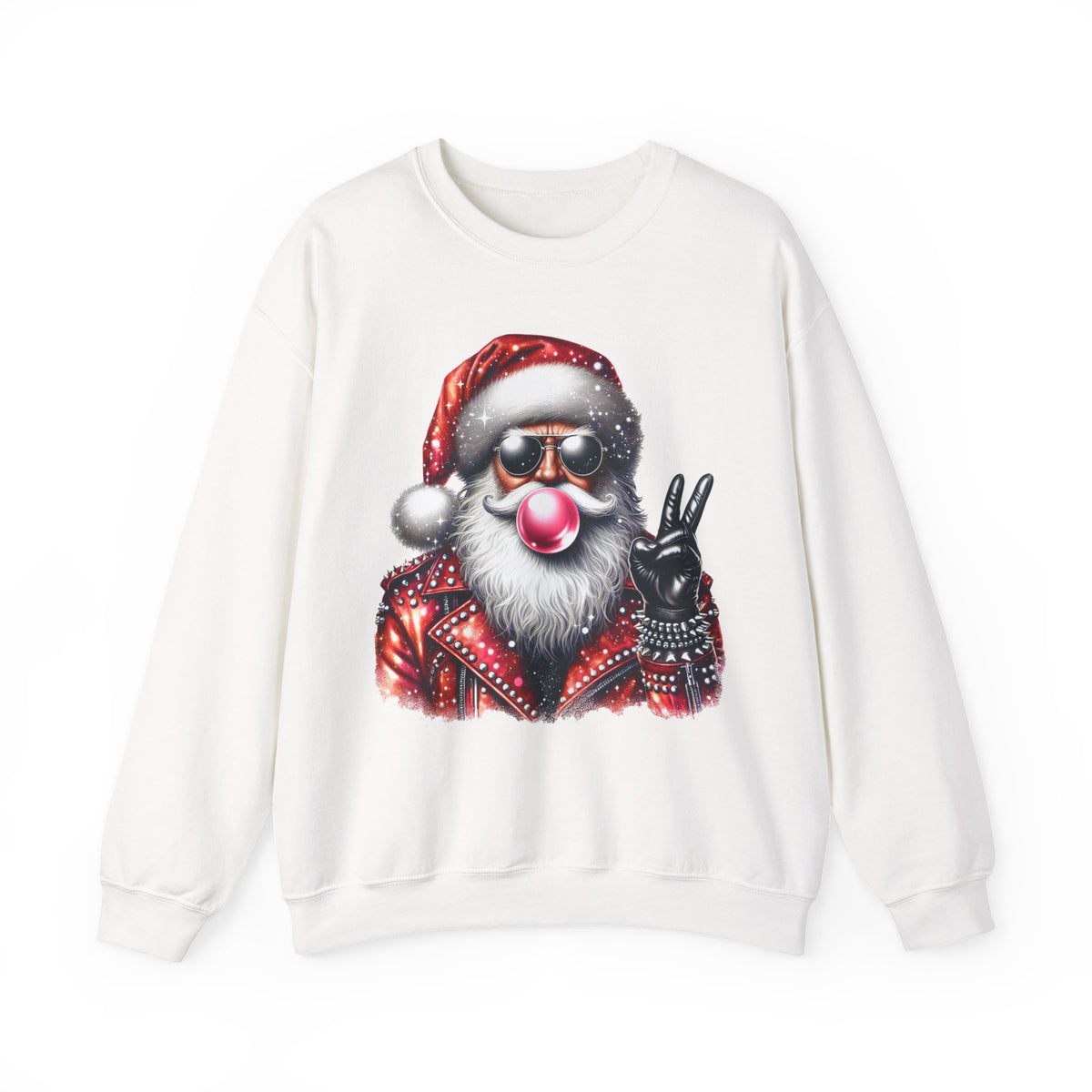 Biker Santa Leather Jacket Bubblegum – Gildan Heavy Blend | Trendy Women’s and Men's Soft Sweatshirt. Direct to Garment. Printed & Shipped in the USA. Unisex Sizes.