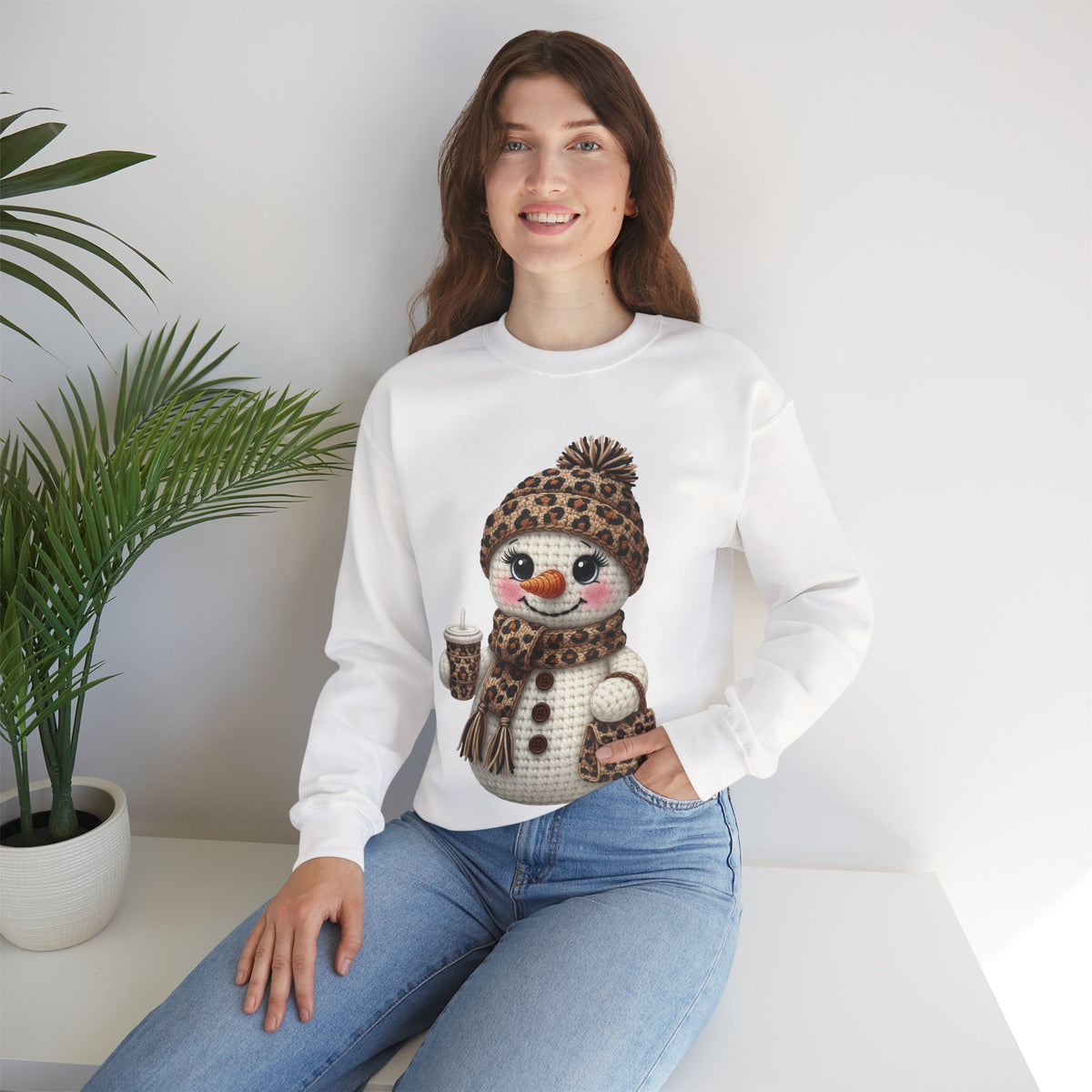 Leopard Snowman - Leopard Purse, Drink, Hat & Scarf – Gildan Heavy Blend | Trendy Women’s Soft Sweatshirt. Direct to Garment. Printed & Shipped in the USA. Unisex Sizes.
