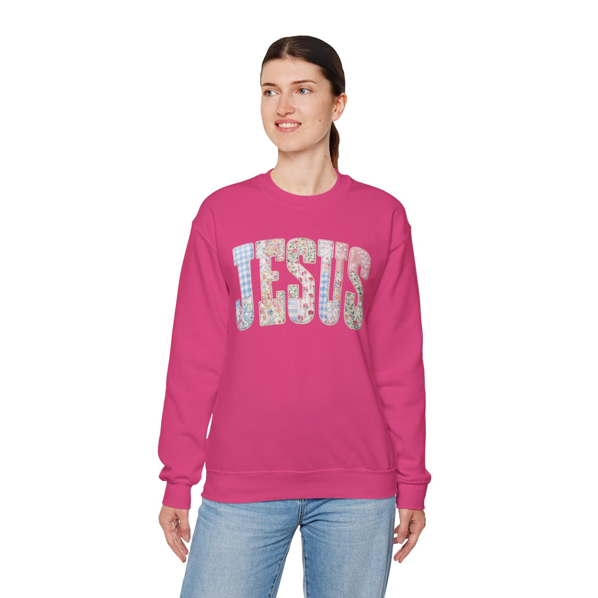 Jesus faux Patchwork – Gildan Heavy Blend | Trendy Women’s Soft Sweatshirt. Direct to Garment. Printed & Shipped in the USA. Unisex Sizes.