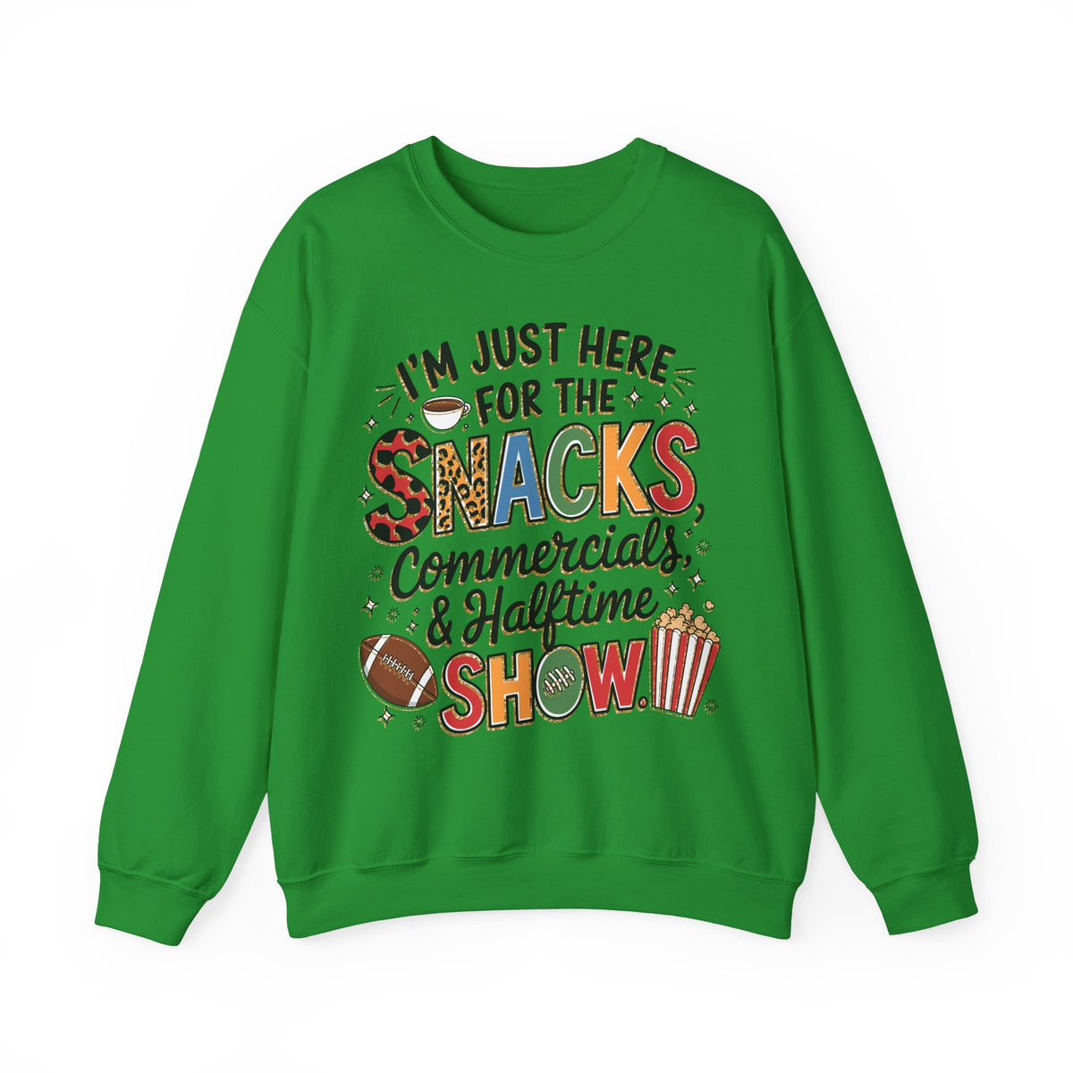 I’m Just Here for the Snacks, Commercials & Halftime Show – Gildan Heavy Blend | Trendy Women’s Soft Sweatshirt. Direct to Garment. Printed & Shipped in the USA. Unisex Sizes.