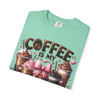 Coffee Is My Soul Food, Iced Coffee, Pink Bow - Comfort Colors | Trendy Women's T-Shirt. Direct to Garment. Printed & Shipped in the USA. Unisex Sizes.