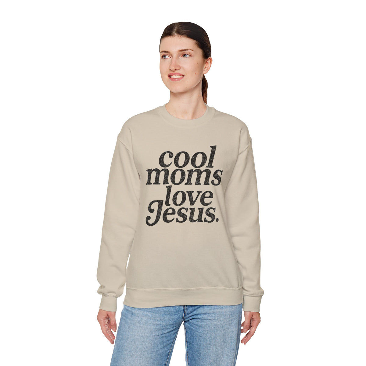 Cool Moms Love Jesus – Gildan Heavy Blend | Trendy Women’s Soft Sweatshirt. Direct to Garment. Printed & Shipped in the USA. Unisex Sizes.