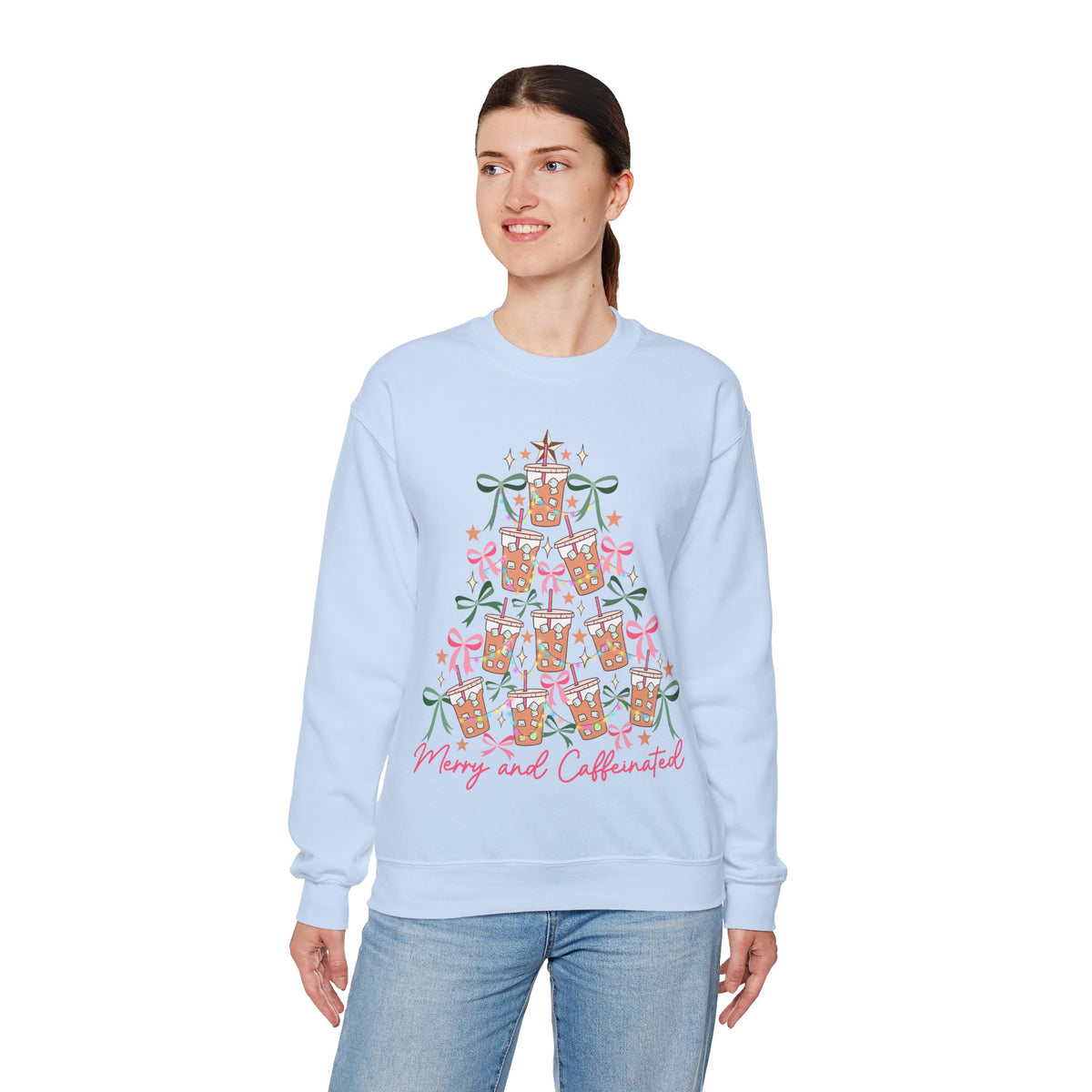 Merry and Caffeinated Iced Coffee Christmas Tree – Gildan Heavy Blend | Trendy Women’s Soft Sweatshirt. Direct to Garment. Printed & Shipped in the USA. Unisex Sizes.