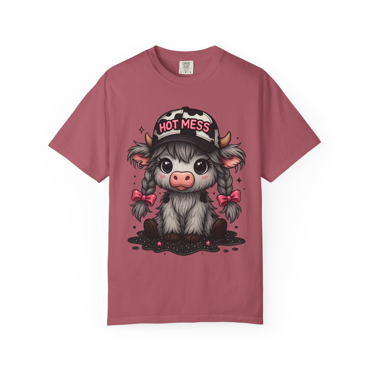 Cute Highland Cow 'Hot Mess' In Braids  - Comfort Colors | Trendy Women's T-Shirt. Direct to Garment. Printed & Shipped in the USA. Unisex Sizes.