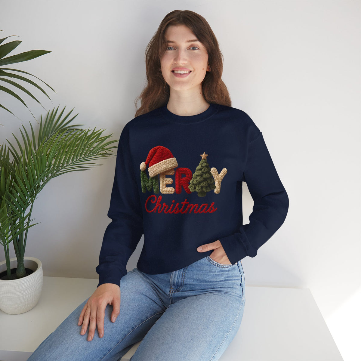 Merry Christmas Faux Yarn w/Santa Hat & Tree – Gildan Heavy Blend | Trendy Women’s Soft Sweatshirt. Direct to Garment. Printed & Shipped in the USA. Unisex Sizes.