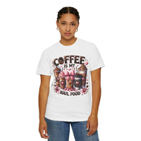 Coffee Is My Soul Food, Iced Coffee, Pink Bow - Comfort Colors | Trendy Women's T-Shirt. Direct to Garment. Printed & Shipped in the USA. Unisex Sizes.