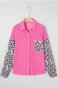 Pink, Leopard-Patched Ribbed Button-Up Long Sleeve Top with Pocket