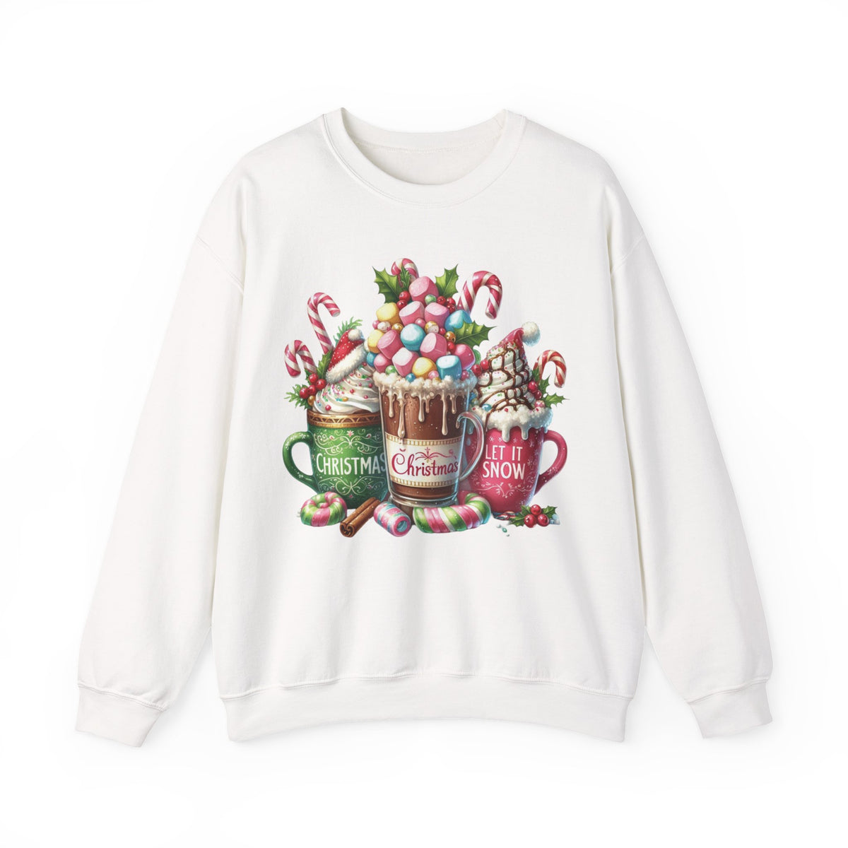 Hot Chocolate Mugs Christmas Hot Cocoa – Gildan Heavy Blend | Trendy Women’s Soft Sweatshirt. Direct to Garment. Printed & Shipped in the USA. Unisex Sizes.