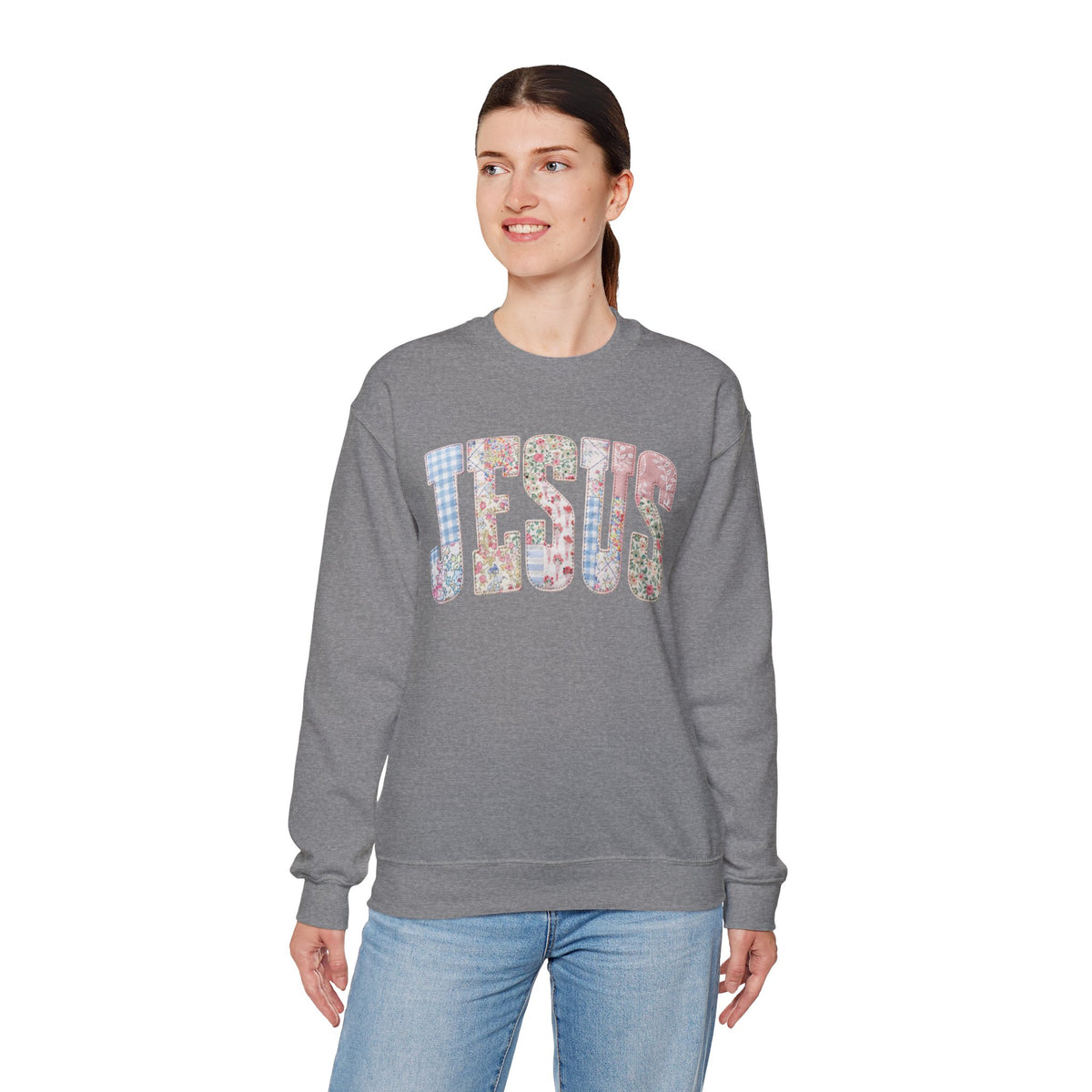 Jesus faux Patchwork – Gildan Heavy Blend | Trendy Women’s Soft Sweatshirt. Direct to Garment. Printed & Shipped in the USA. Unisex Sizes.