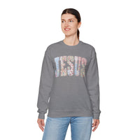 Jesus faux Patchwork – Gildan Heavy Blend | Trendy Women’s Soft Sweatshirt. Direct to Garment. Printed & Shipped in the USA. Unisex Sizes.