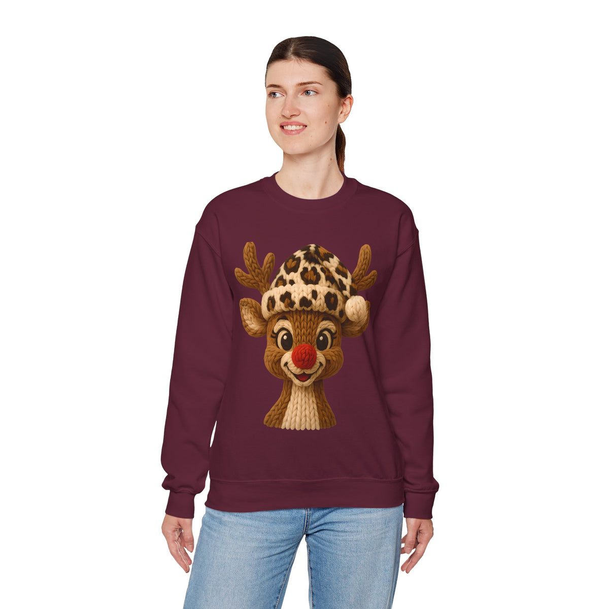 Rudolph Reindeer Leopard Santa Hat Christmas – Gildan Heavy Blend | Trendy Women’s Soft Sweatshirt. Direct to Garment. Printed & Shipped in the USA. Unisex Sizes.