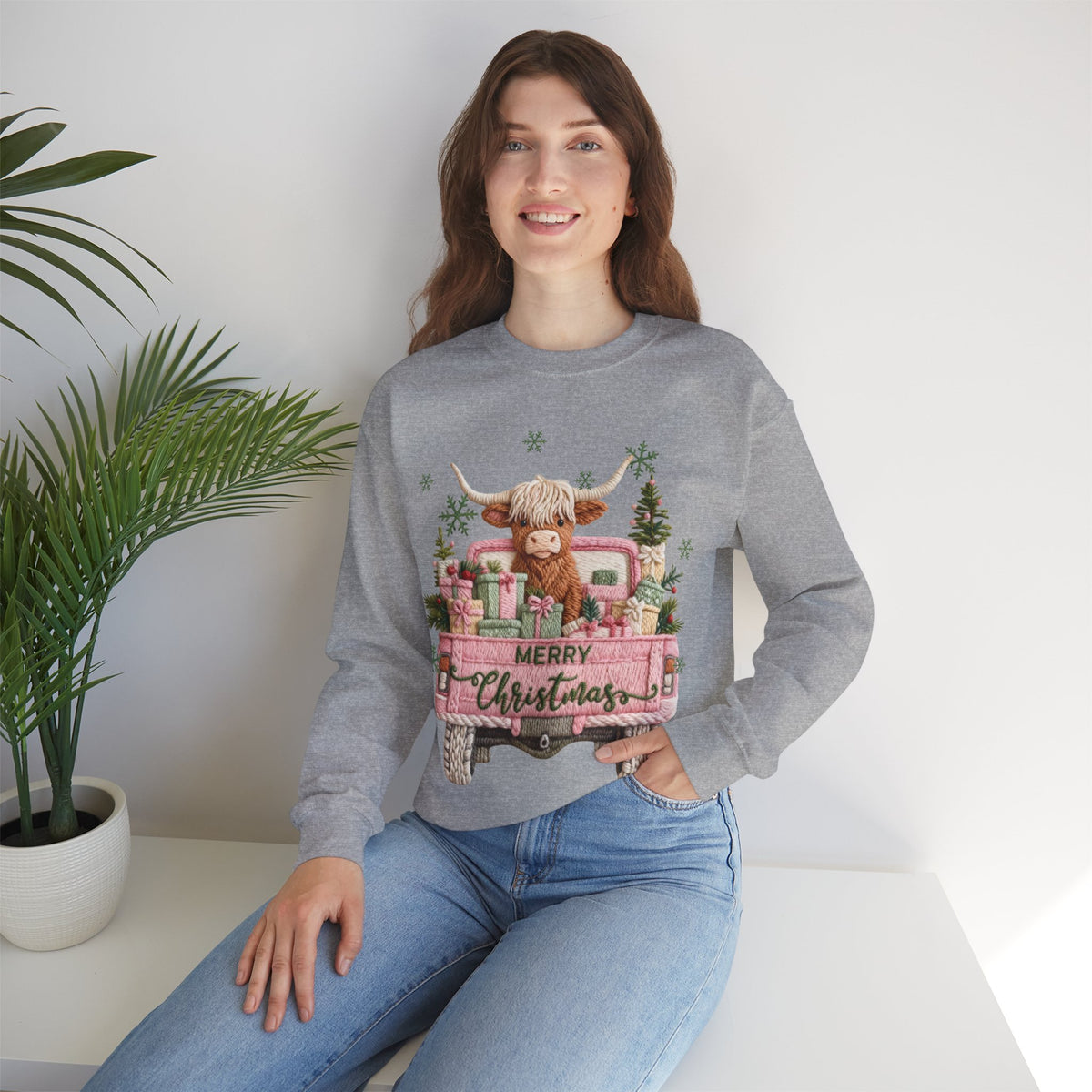 Highland Cow in Pink Truck Merry Christmas Holiday Farmhouse – Gildan Heavy Blend | Trendy Women’s Soft Sweatshirt. Direct to Garment. Printed & Shipped in the USA. Unisex Sizes.