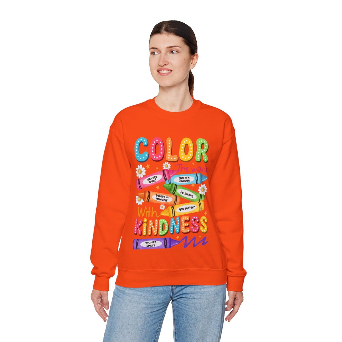 Color the World With Kindness Crayons, Great Teacher Gift – Gildan Heavy Blend | Trendy Women’s and Men's Soft Sweatshirt. Direct to Garment. Printed & Shipped in the USA. Unisex Sizes.