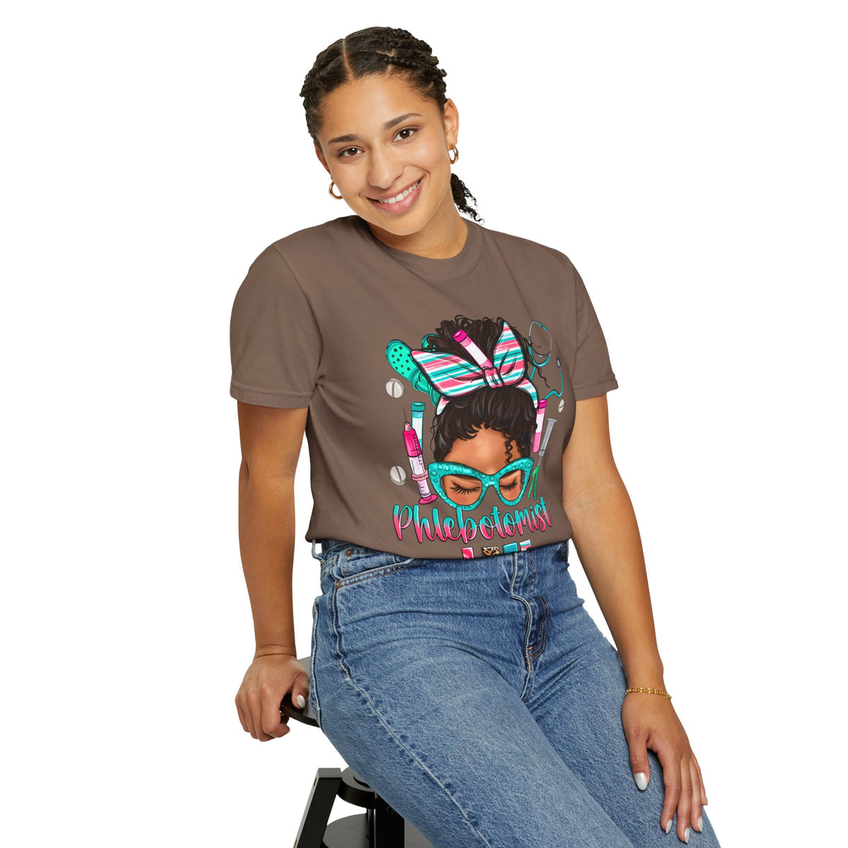 Phlebotomist Life, Messy Bun - Comfort Colors | Trendy Women's T-Shirt. Direct to Garment. Printed & Shipped in the USA. Unisex Sizes.