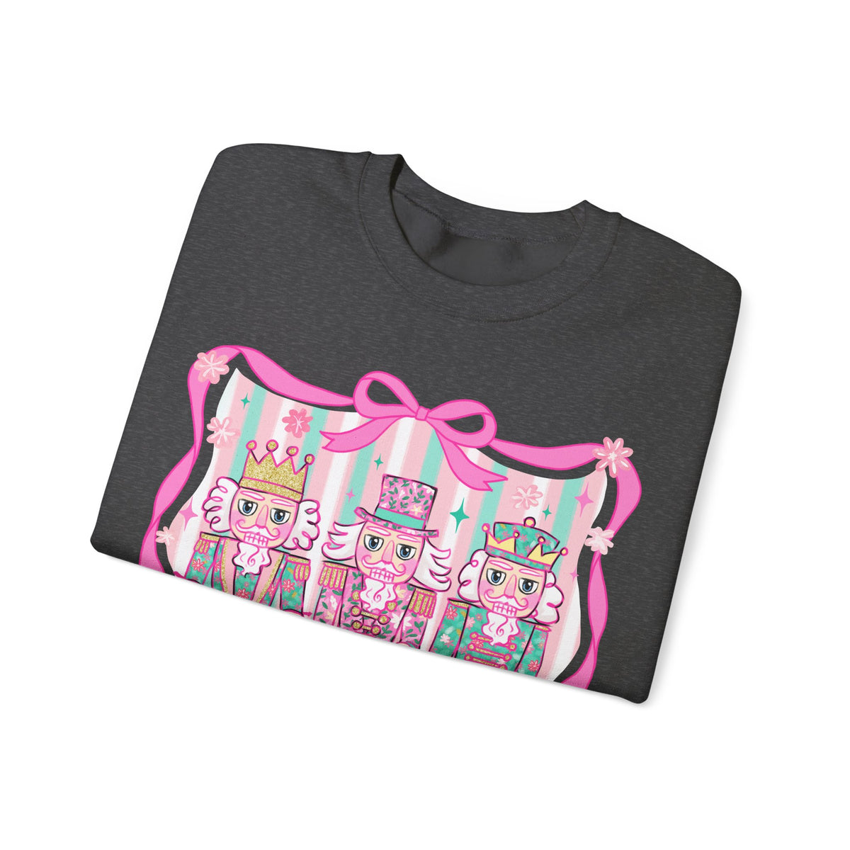 Coquette Pastel Christmas Nutcracker Trio Pink and Green – Gildan Heavy Blend | Trendy Women’s Soft Sweatshirt. Direct to Garment. Printed & Shipped in the USA. Unisex Sizes.