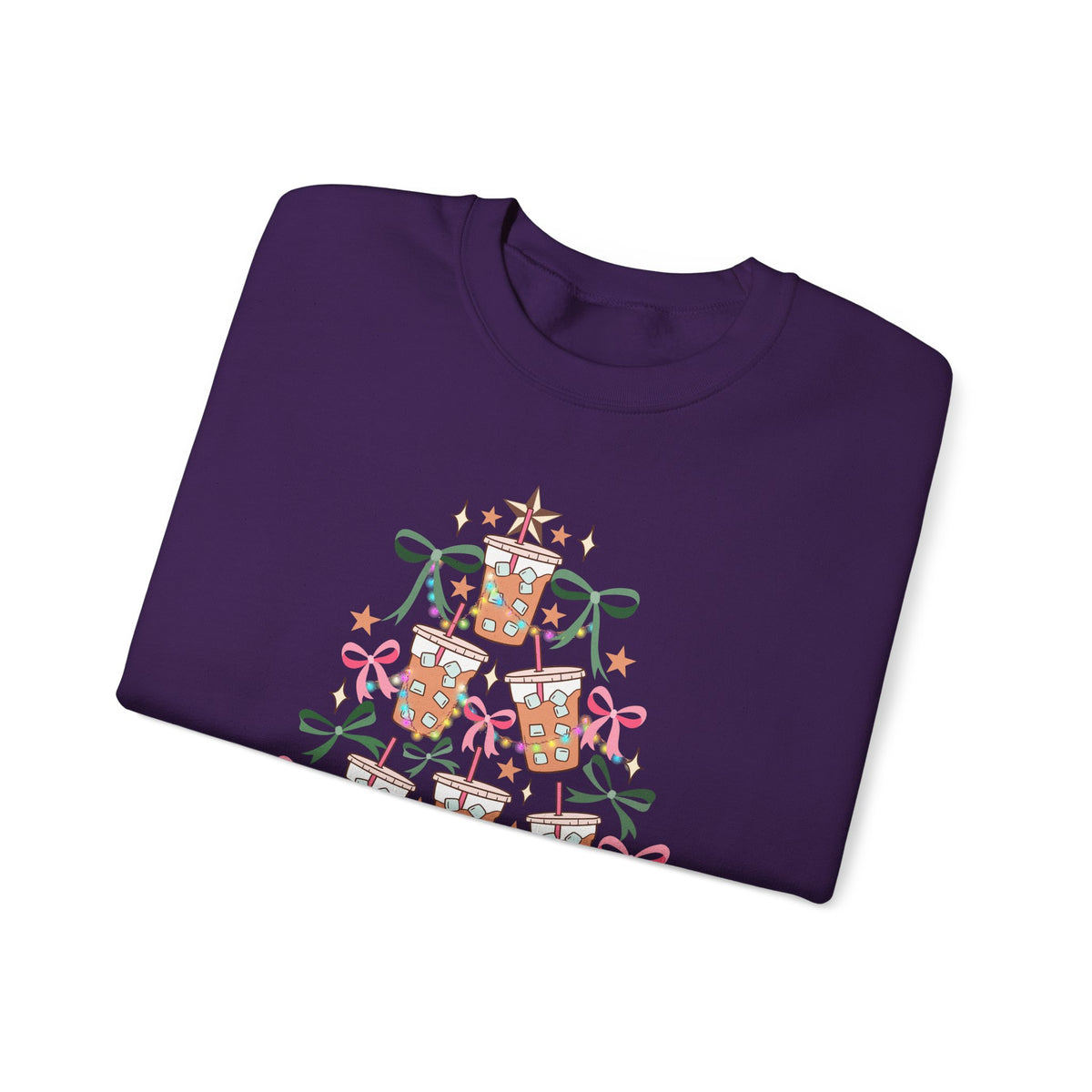 Merry and Caffeinated Iced Coffee Christmas Tree – Gildan Heavy Blend | Trendy Women’s Soft Sweatshirt. Direct to Garment. Printed & Shipped in the USA. Unisex Sizes.
