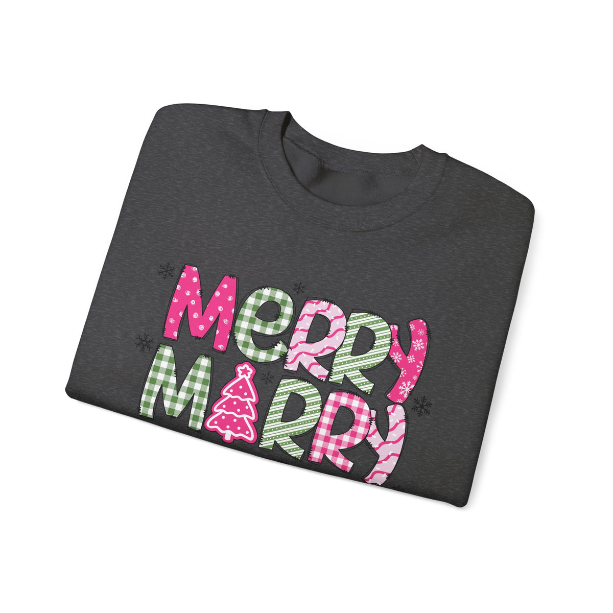 Merry Merry Merry Christmas Festive Candy Cane - Pink and Green – Gildan Heavy Blend | Trendy Women’s Soft Sweatshirt. Direct to Garment. Printed & Shipped in the USA. Unisex Sizes.