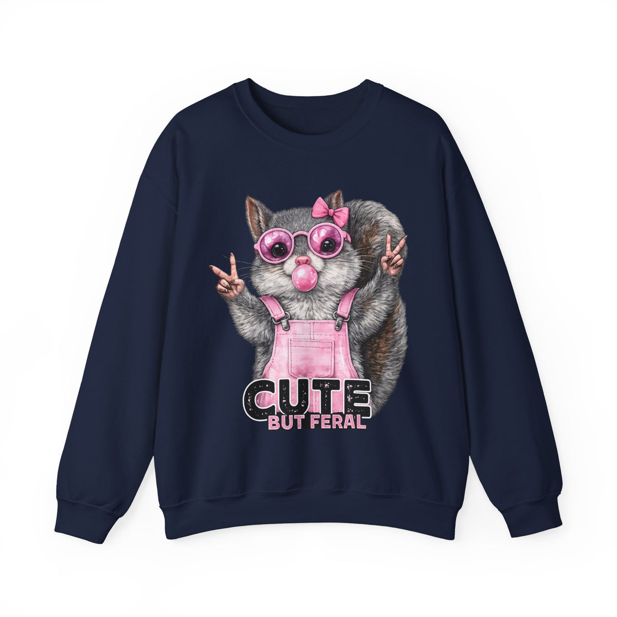 Cute But Feral, Squirrel in Pink Bibs – Gildan Heavy Blend | Trendy Women’s Soft Sweatshirt. Direct to Garment. Printed & Shipped in the USA. Unisex Sizes.