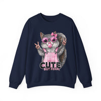 Cute But Feral, Squirrel in Pink Bibs – Gildan Heavy Blend | Trendy Women’s Soft Sweatshirt. Direct to Garment. Printed & Shipped in the USA. Unisex Sizes.