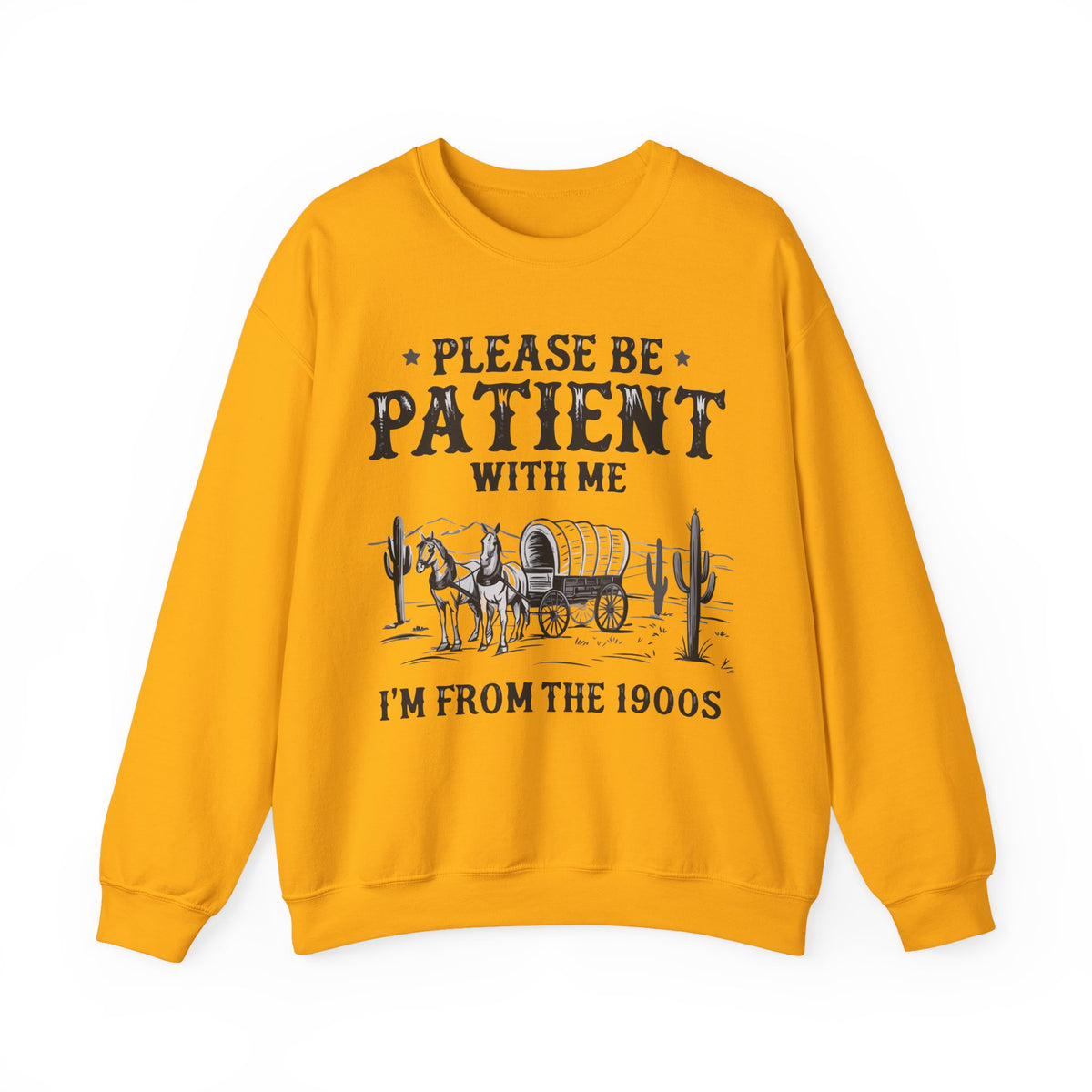 Please Be Patient, 1900's Vintage – Gildan Heavy Blend | Trendy Women’s and Men's Soft Sweatshirt. Direct to Garment. Printed & Shipped in the USA. Unisex Sizes.