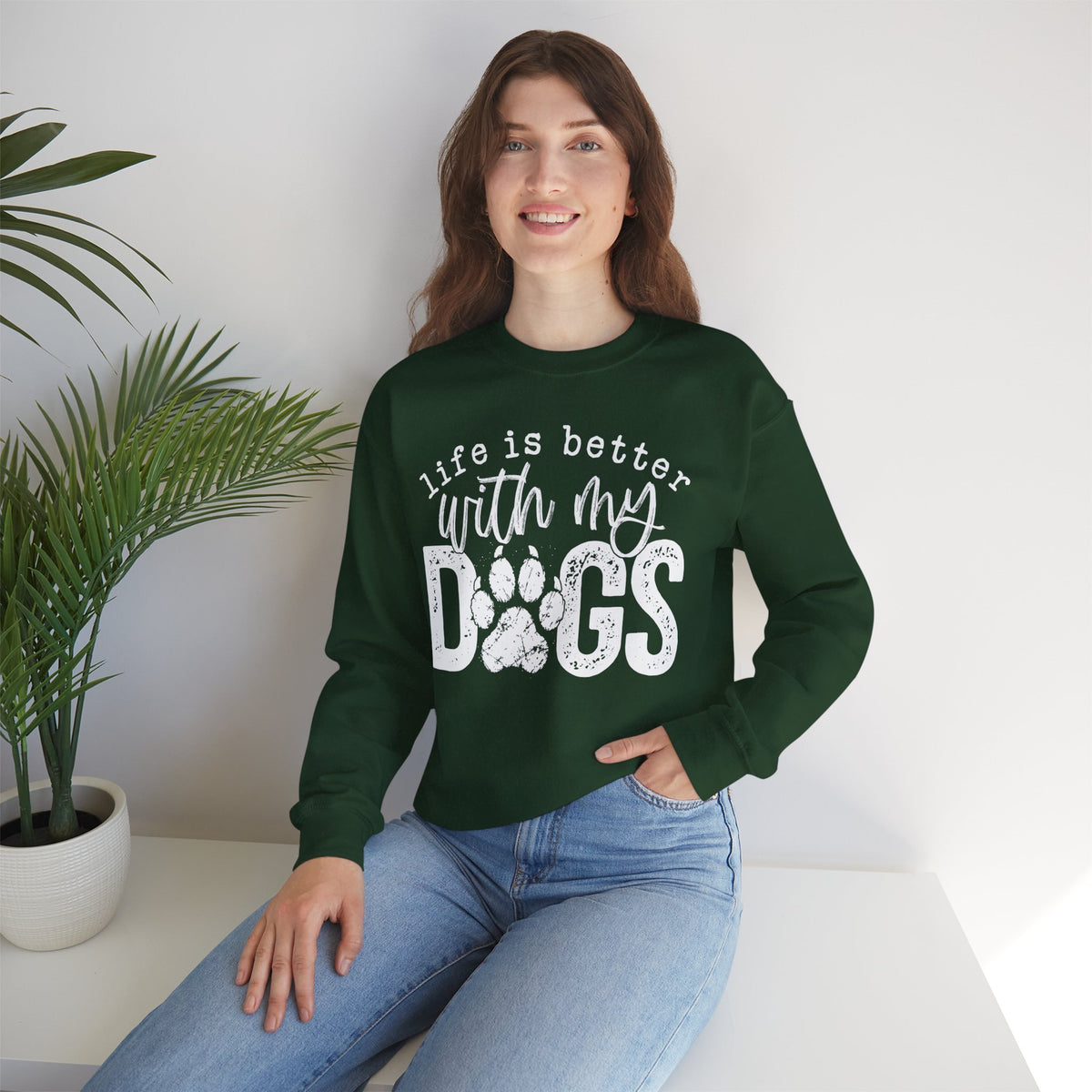 Life Is Better With My Dogs, Distressed – Gildan Heavy Blend | Trendy Women’s and Men's Soft Sweatshirt. Direct to Garment. Printed & Shipped in the USA. Unisex Sizes.