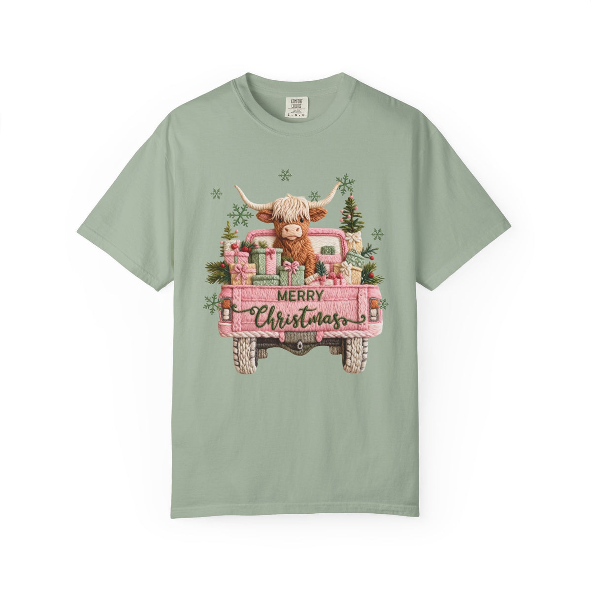 Highland Cow in Pink Truck Merry Christmas Holiday Farmhouse - Comfort Colors | Trendy Women's T-Shirt. Direct to Garment. Printed & Shipped in the USA. Unisex Sizes.