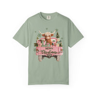 Highland Cow in Pink Truck Merry Christmas Holiday Farmhouse - Comfort Colors | Trendy Women's T-Shirt. Direct to Garment. Printed & Shipped in the USA. Unisex Sizes.