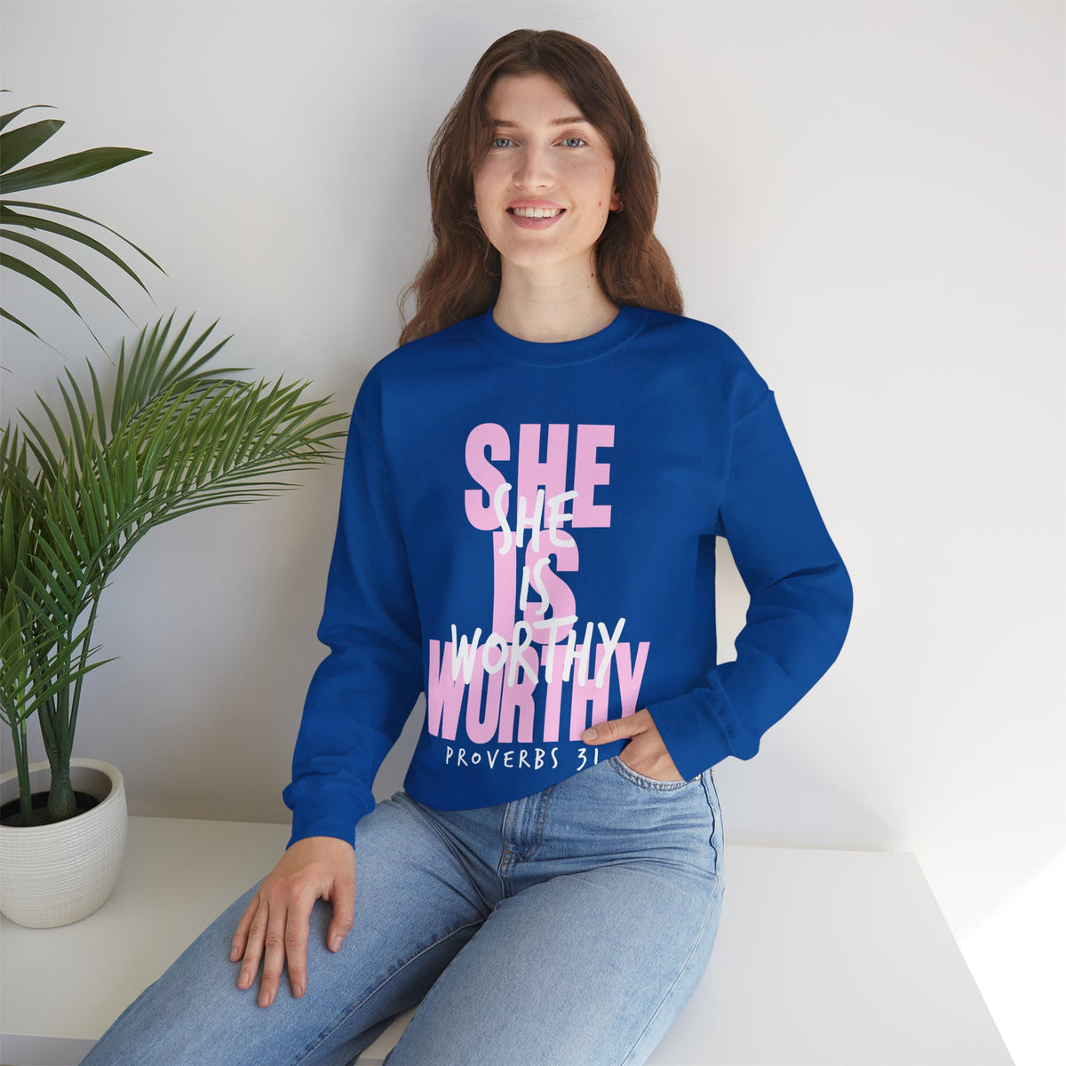 She Is Worthy – Gildan Heavy Blend | Trendy Women’s Soft Sweatshirt. Direct to Garment. Printed & Shipped in the USA. Unisex Sizes.