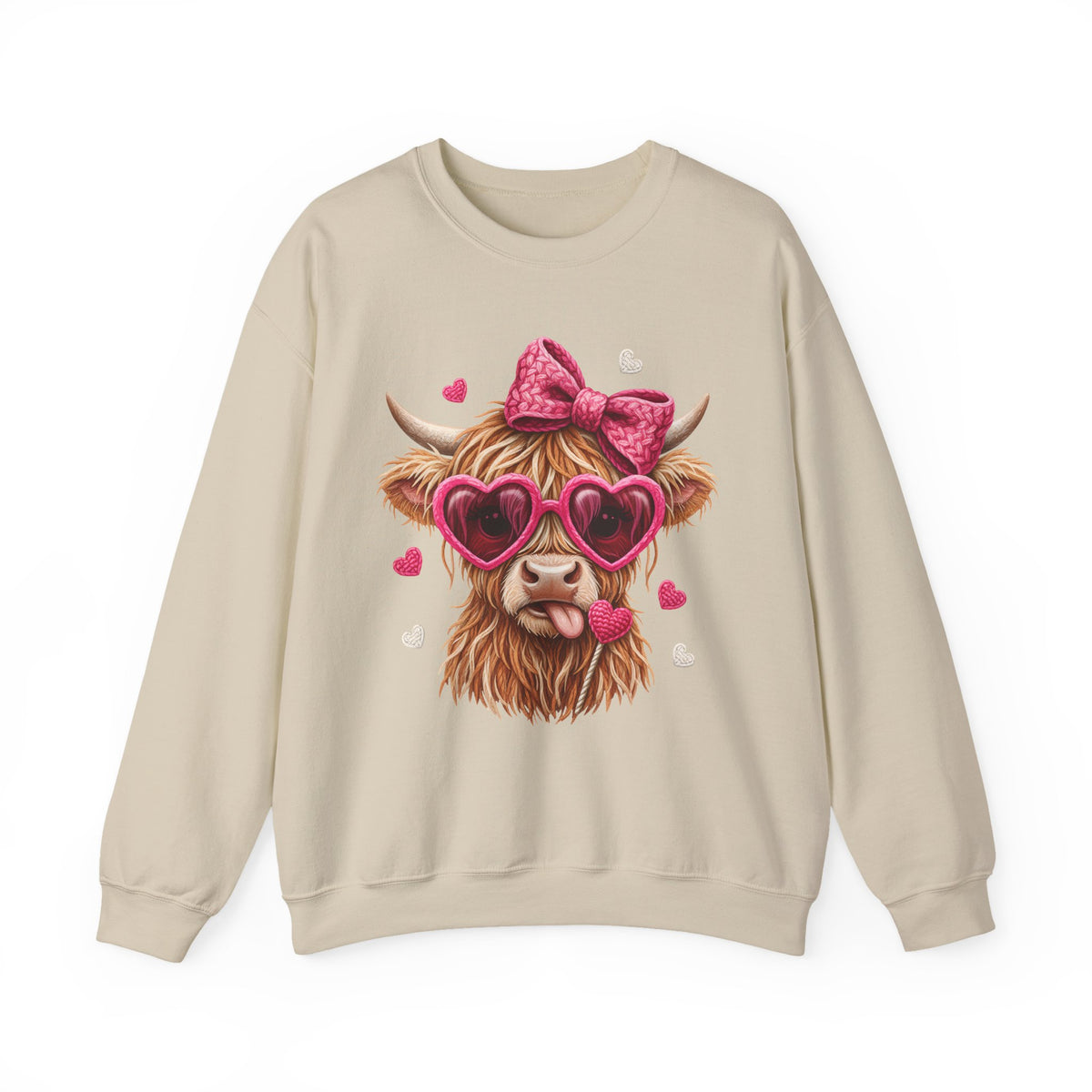 Highland Cow - Pink Heart Shaped Glasses – Gildan Heavy Blend | Trendy Women’s Soft Sweatshirt. Direct to Garment. Printed & Shipped in the USA. Unisex Sizes.