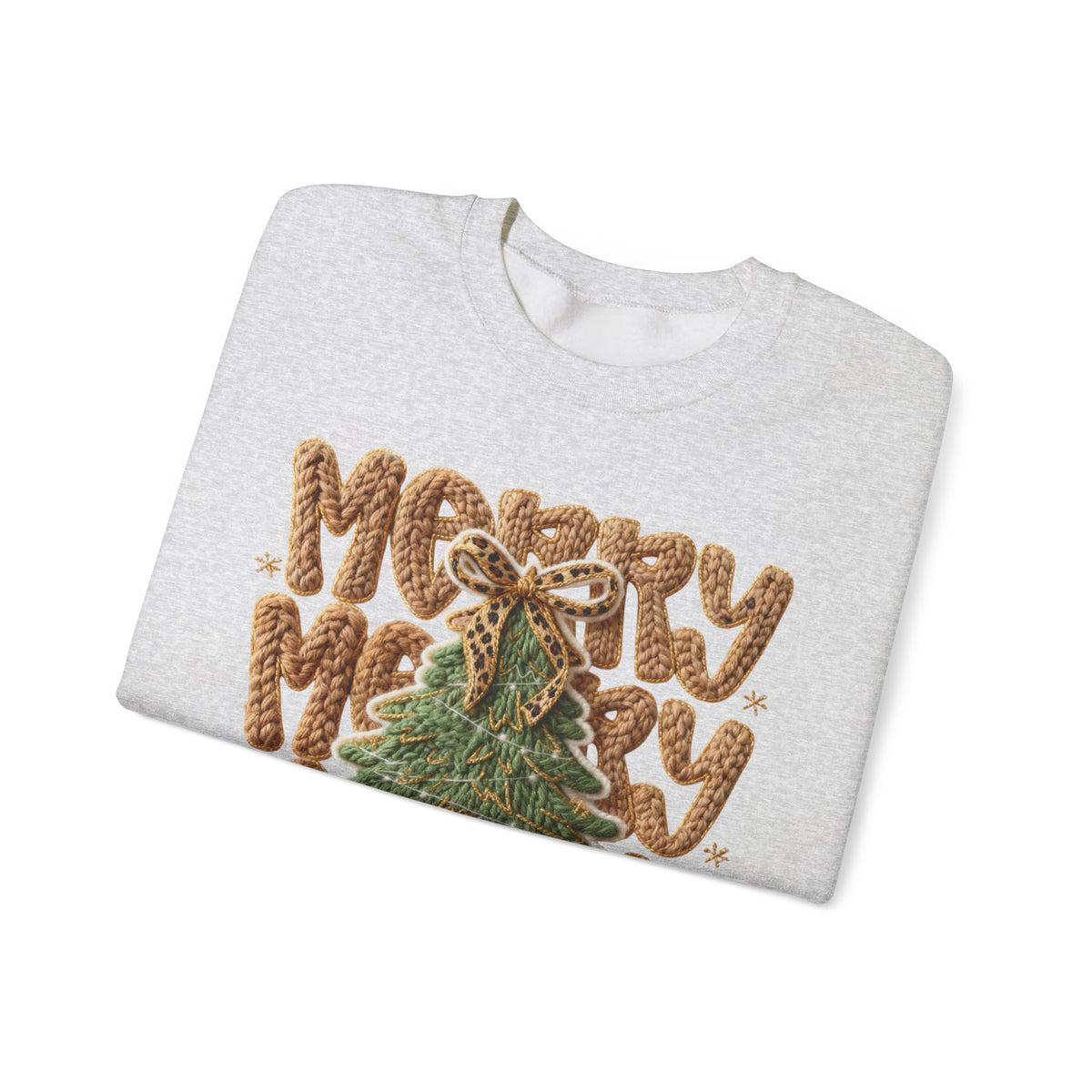 Merry Merry Merry Christmas, Faux Latch Hook Yarn – Gildan Heavy Blend | Trendy Women’s Soft Sweatshirt. Direct to Garment. Printed & Shipped in the USA. Unisex Sizes.