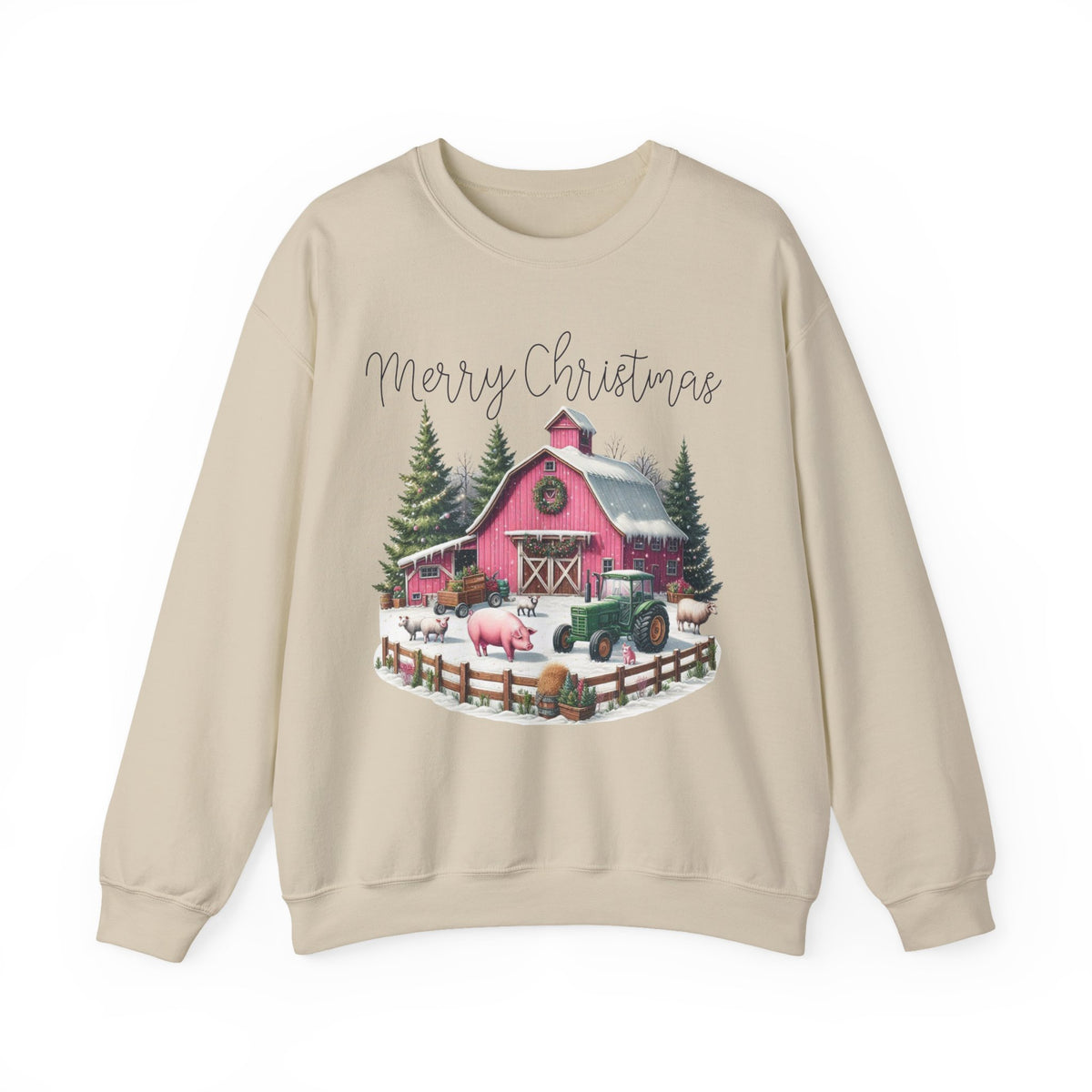 Merry Christmas Pink Barn Farm Animals – Gildan Heavy Blend | Trendy Women’s Soft Sweatshirt. Direct to Garment. Printed & Shipped in the USA. Unisex Sizes.