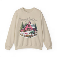 Merry Christmas Pink Barn Farm Animals – Gildan Heavy Blend | Trendy Women’s Soft Sweatshirt. Direct to Garment. Printed & Shipped in the USA. Unisex Sizes.
