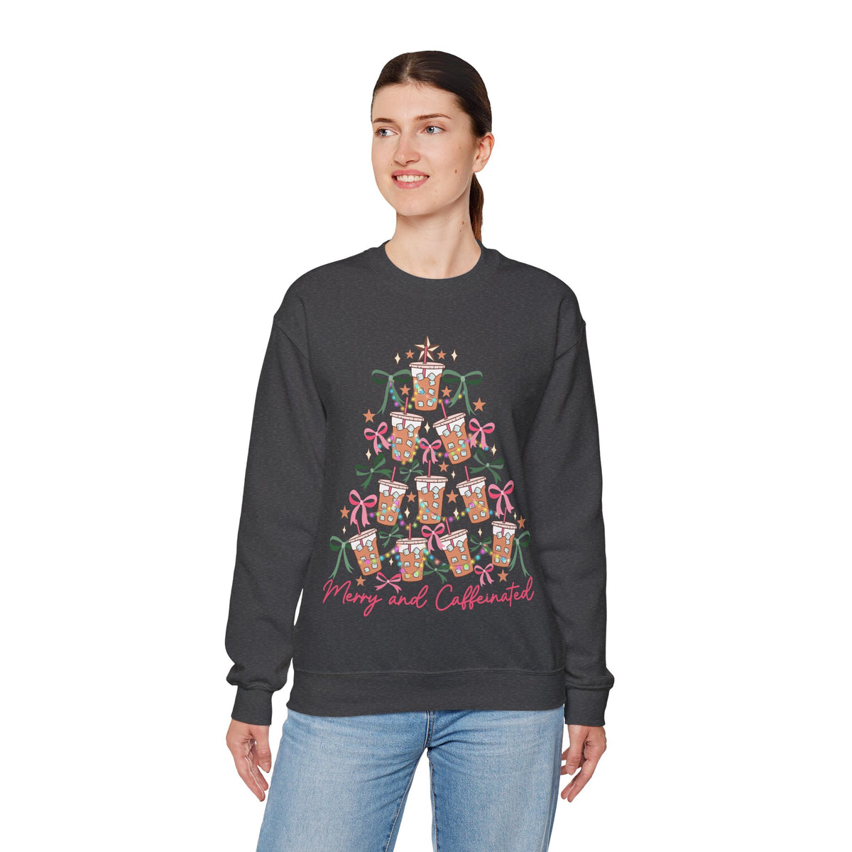 Merry and Caffeinated Iced Coffee Christmas Tree – Gildan Heavy Blend | Trendy Women’s Soft Sweatshirt. Direct to Garment. Printed & Shipped in the USA. Unisex Sizes.