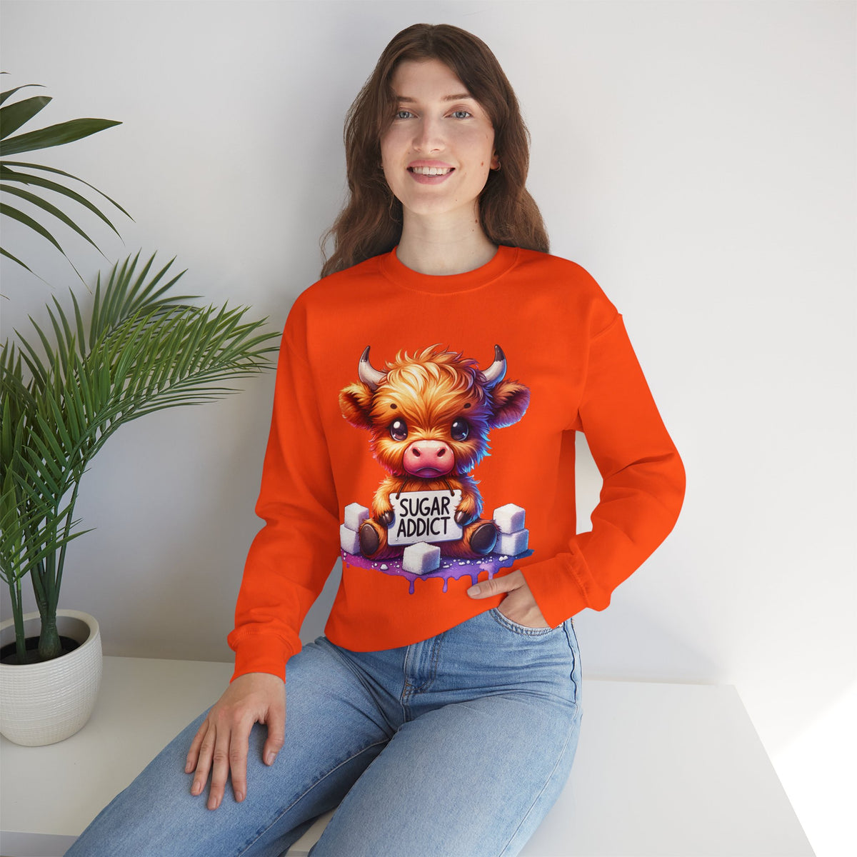 Sugar Addict Highland Cow – Gildan Heavy Blend | Trendy Women’s Soft Sweatshirt. Direct to Garment. Printed & Shipped in the USA. Unisex Sizes.