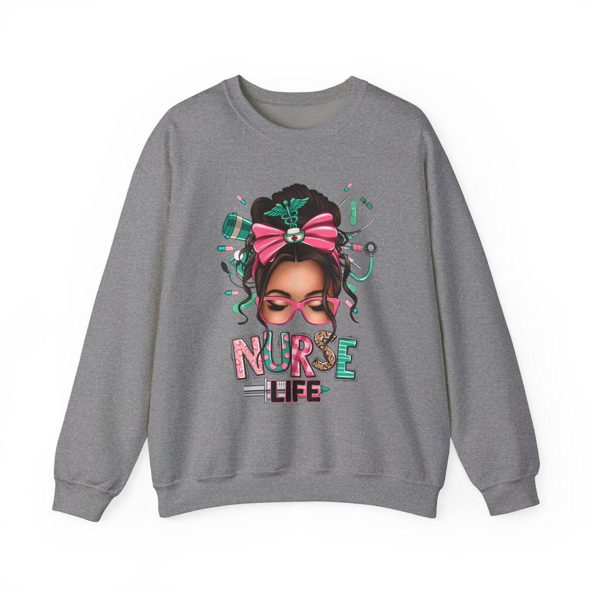 Nurse Life Messy Bun, Cute Stethescope & Syringe – Gildan Heavy Blend | Trendy Women’s Soft Sweatshirt. Direct to Garment. Printed & Shipped in the USA. Unisex Sizes.