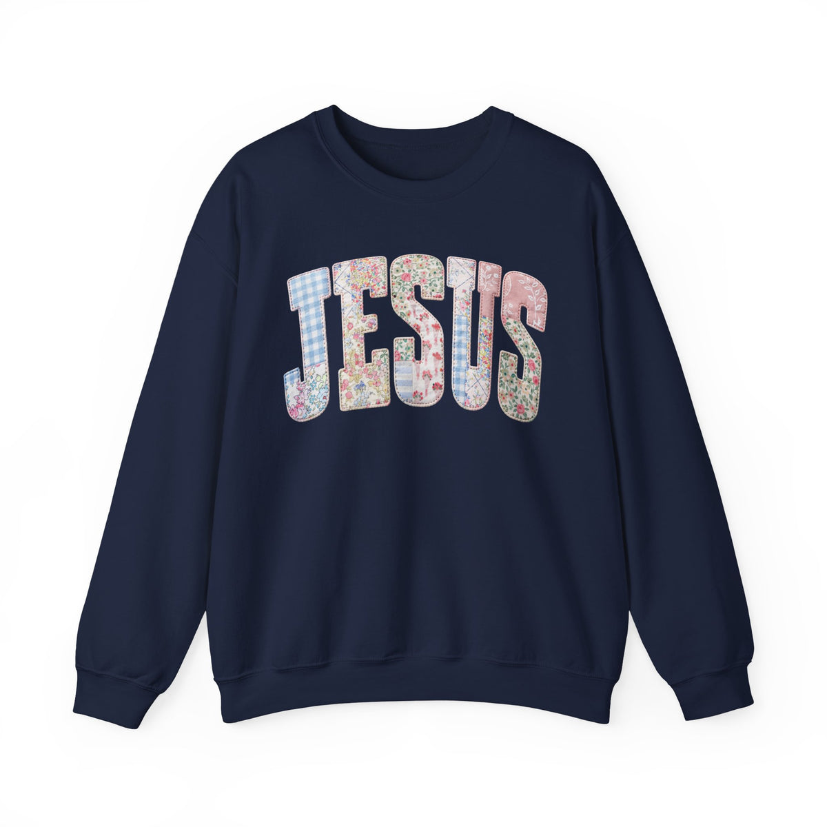Jesus faux Patchwork – Gildan Heavy Blend | Trendy Women’s Soft Sweatshirt. Direct to Garment. Printed & Shipped in the USA. Unisex Sizes.